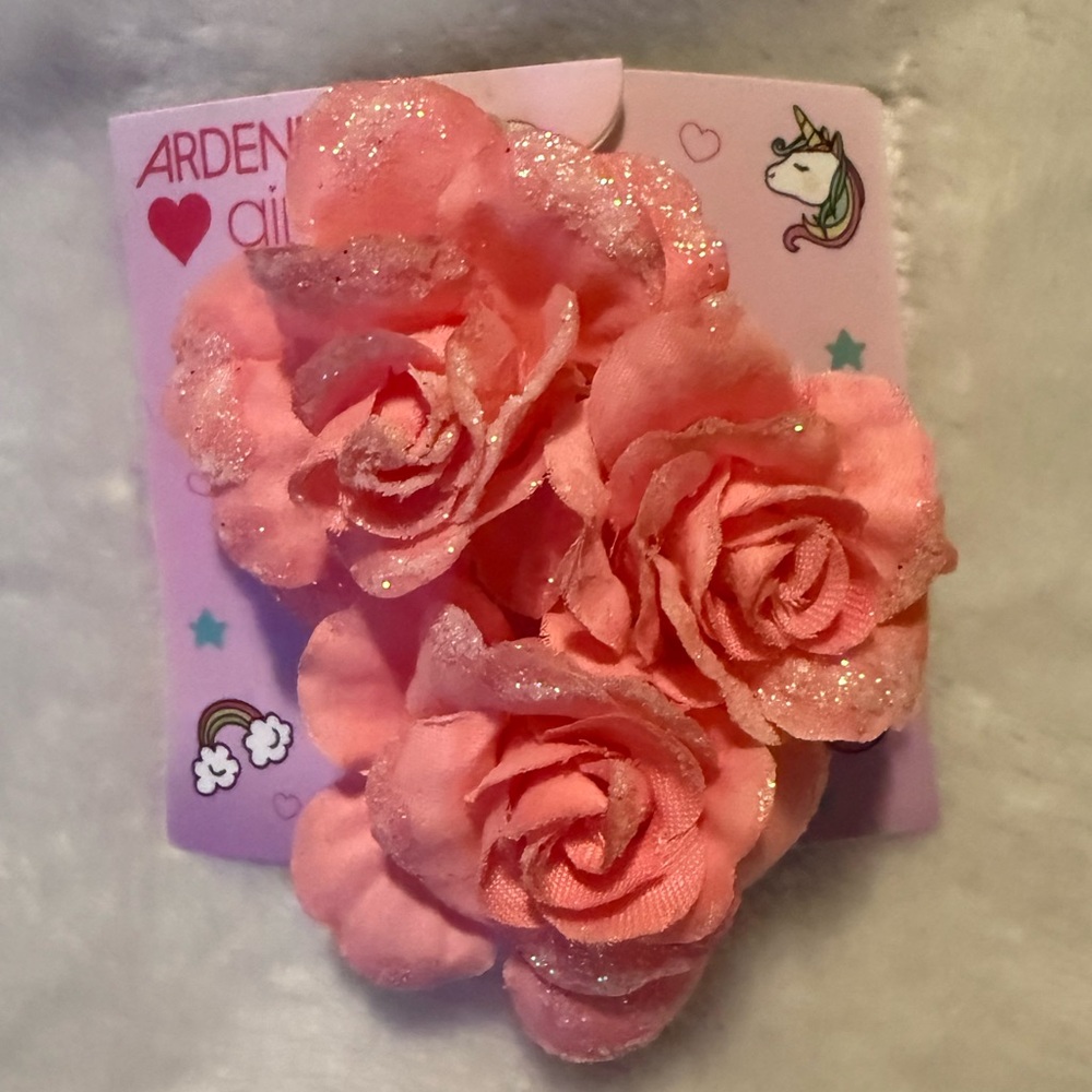 Pink Glitter Flower Hair Clips + headband